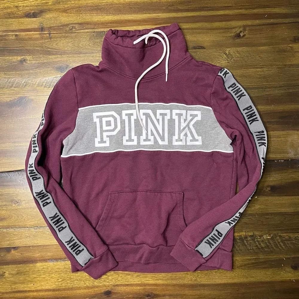 Victoria’s Secret Pink Maroon and Gray Large Logo Hoodie, Women's Size Medium
